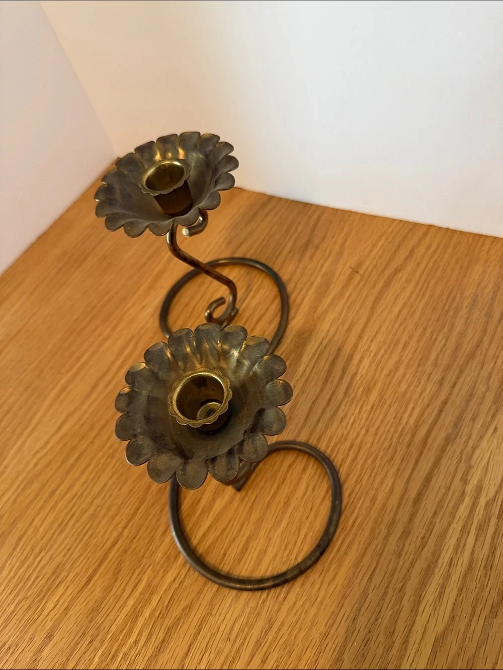 Brass-Tone Double Flower Candle Holder - Antique Brass Finish